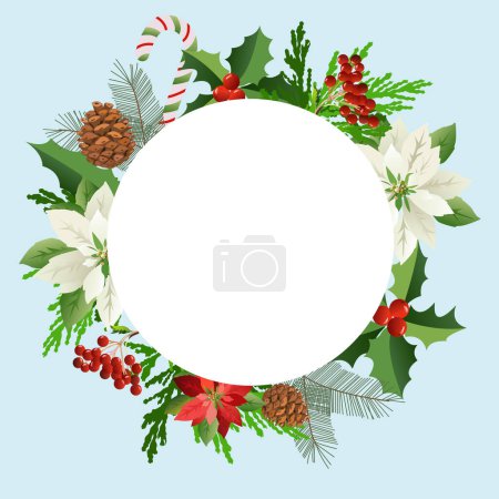 Illustration for Happy New Year 2023, Merry Christmas greeting card template. Flower poinsettia, pine branches. Composition of winter elements. Congratulations Invitation 2023 Flyer Brochure Cover - Royalty Free Image