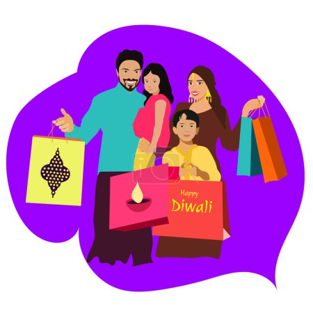Illustration for Beautiful Indian family holding bags with gifts in the mall.Joyful woman, man and children are holding bags. Vector illustration - Royalty Free Image