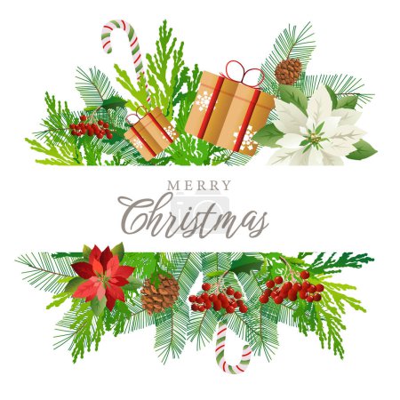 Téléchargez les illustrations : Carte de Noël avec voeux de vacances. Composition d'éléments festifs tels que bonbons, baies, cadeaux, branches de pin. - en licence libre de droit