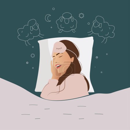 Illustration for Sweet dreams banner. Happy young woman is fast asleep, having a good dream. Girl is lying in the bed under soft duvet and healthy sleeping. Sleep tight, sweet dreams concept. Flat vector illustration. - Royalty Free Image