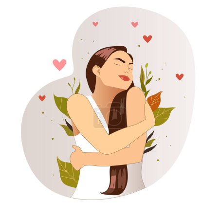 Illustration for Self-Love care, be good to yourself illustration with a woman hugging herself. Women's physical, psychological, mental and spiritual health graphic collection. - Royalty Free Image