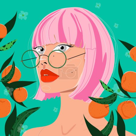 Téléchargez les illustrations : Belle fille avec une coiffure rose. Portrait de jeune femme à l'abricot fleuri. Illustration en style plat - en licence libre de droit