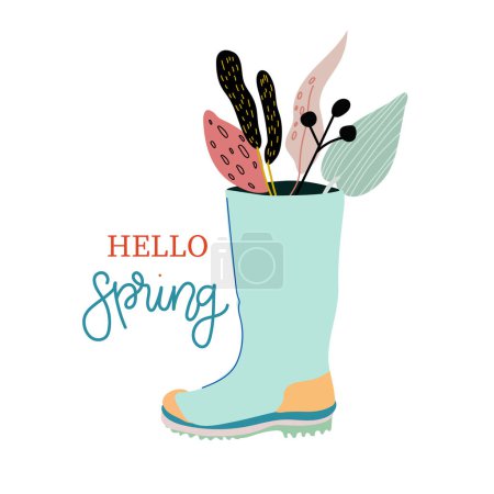 Illustration for Hello Spring. Rubber boots with bouquets. Hand drawn spring print, postcard, poster. handwritten inscriptions - Royalty Free Image