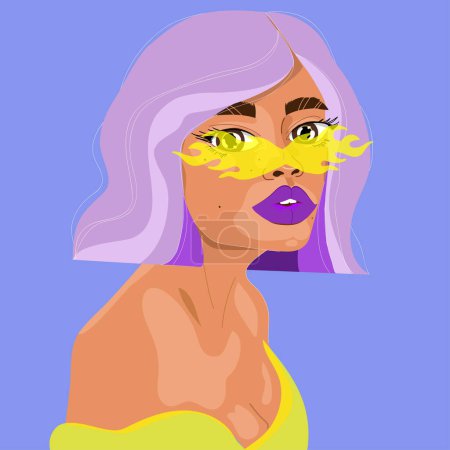 Illustration for Vector portrait of a young beautiful woman in modern yellow sunglasses with purple hair. Vector illustration - Royalty Free Image