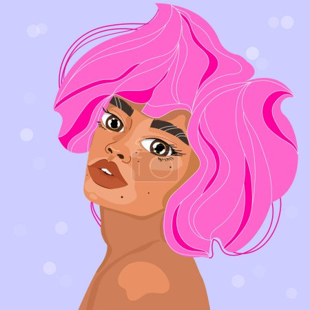 Ilustración de Retrato de una mujer joven con estilo, pelo rosa y hombros desnudos. - Imagen libre de derechos