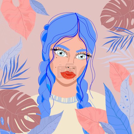 Téléchargez les illustrations : Portrait abstrait d'une jeune femme aux cheveux bleus tressés et aux yeux bleus perçants sur fond de plantes tropicales - en licence libre de droit