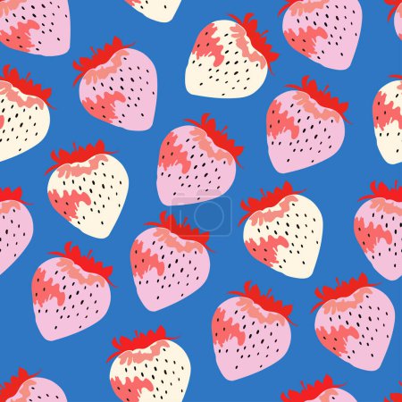 Illustration for Seamless pattern of modern strawberries. Big white, pink round strawberry on blue. Large bright berries. Berry pattern design for textile, web banner, cards. Fresh summer fruits. Red berries and fruit - Royalty Free Image