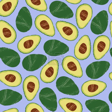 Illustration for Seamless pattern of cut avocado on a blue background, vector illustration - Royalty Free Image