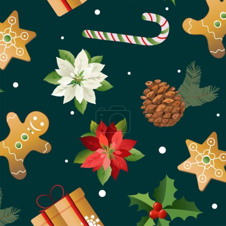 Illustration for Christmas and New Year seamless background with gifts, fir cones, gingerbread man, poinsettia flower, candies, berries.Trendy style. Vector design template. - Royalty Free Image