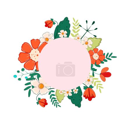 Illustration for Floral card template. Composition with flowers on a white background. Wreath, frame, border. Greeting card, poster, banner with place for text - Royalty Free Image