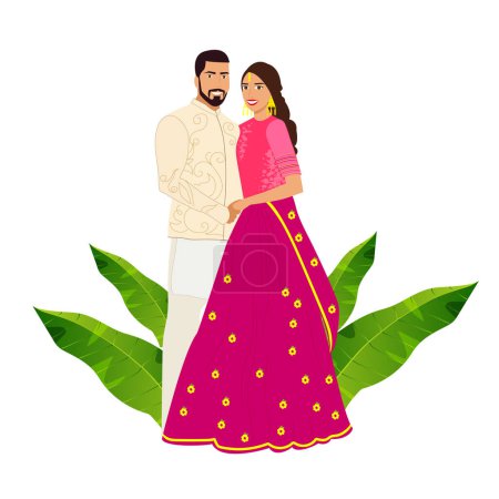 Illustration for Indian Wedding Couple Together Standing on White Background. Vector design for wedding invitation, web design, prints. - Royalty Free Image