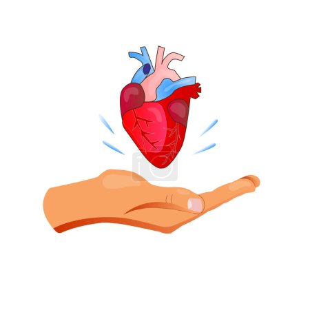 Illustration for Heart donation flat vector illustration. Give a hand with heart symbol. Donor card of the day. Bioengineering technology to create viable organs for transplantation concept. - Royalty Free Image