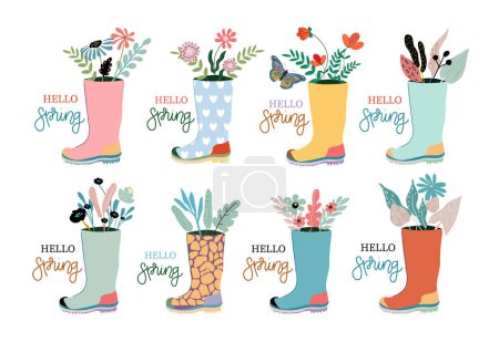 Illustration for Hello Spring. Rubber boots with bouquets. Hand drawn spring print, postcard, poster. handwritten inscriptions - Royalty Free Image