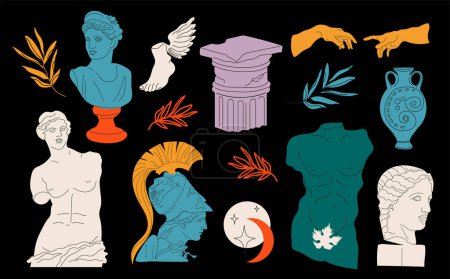 Illustration for Set of antique statues. Vector hand drawn illustrations of vintage classic statues in trendy bohemian style. Heads, branch, vase, column, arms, torso, stars. Mythical, ancient Greek style. - Royalty Free Image