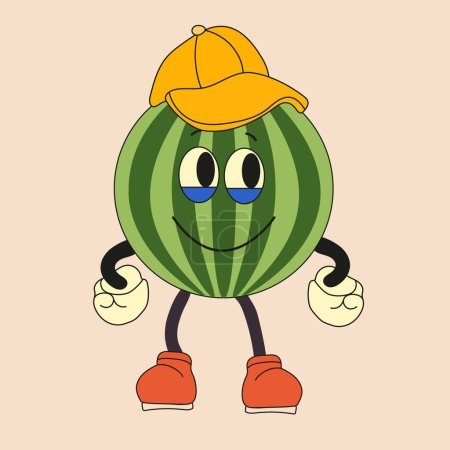 Illustration for Cute watermelon in a cap. Cartoon character isolated on sand background vector illustration. Funny and friendly watermelon emoji with arms and legs. Happy smile, cartoon food, emoticon. - Royalty Free Image