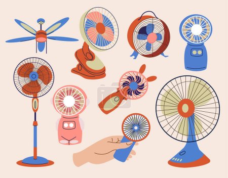 Illustration for Collection of electric fans of various types isolated on a white background. Set of vector household electrical ventilation equipment. Vector illustration in flat cartoon style. - Royalty Free Image