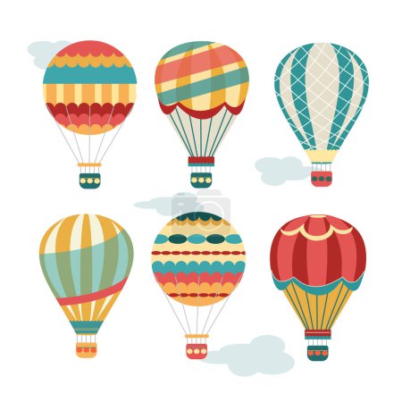 Téléchargez les illustrations : Des ballons avec un panier. Vieux transport aérien, icônes colorées de l'aviation. Aventure, voler dans le ciel en montgolfière. - en licence libre de droit