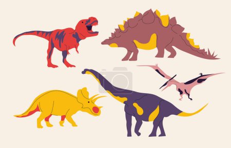 Illustration for Set with cartoon dinosaurs isolated on sandy background. Vector illustration for printing on wrapping paper, fabric, postcard, clothing. - Royalty Free Image