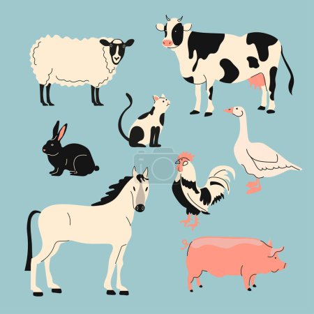 Téléchargez les illustrations : Animaux de ferme prêts. Collection vectorielle d'animaux et d'oiseaux dans le style plat à la mode, y compris cheval, vache, mouton, porc, lapin, oie et poulet, chat isolé sur blanc. - en licence libre de droit