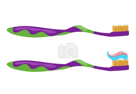 Illustration for Illustration of two toothbrushes isolated on a white background. Toothbrush with colored toothpaste, oral and dental care, vector.Nylon bristles and plastic handles. - Royalty Free Image