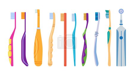 Ilustración de Gran juego de herramientas de limpieza bucal. Varios cepillos de dientes. Un cepillo eléctrico. Higiene dental, concepto de cuidado bucal. Ilustración vectorial. - Imagen libre de derechos
