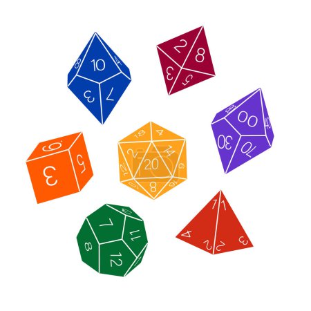 Illustration for Colored collection of dice on a white background, hand drawn. D8 D10 D12 D20 Board game dice, RPG dice set for board games vector - Royalty Free Image