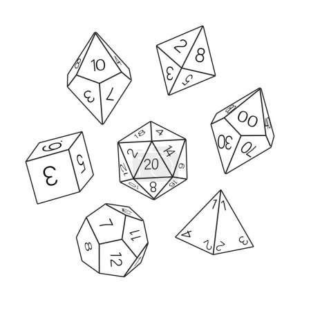 Illustration for Black and white dice collection, hand drawn. D8 D10 D12 D20 Board game dice, RPG dice set for board games vector - Royalty Free Image