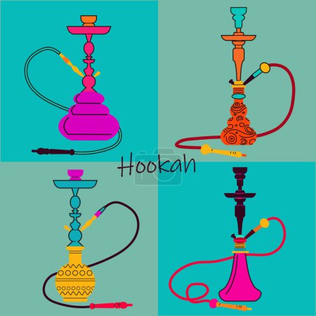 Illustration for Set of various hookahs. Lounge bar logo concept. Vector illustrations on colored backgrounds. - Royalty Free Image