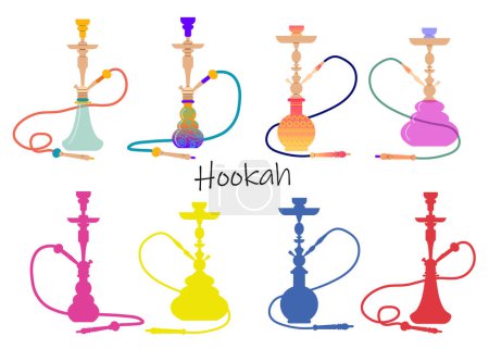 Illustration for A set of various hookahs. Lounge bar logo concept. Vector illustration isolated on white background. - Royalty Free Image