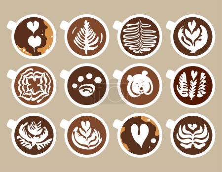 Illustration for Set of coffee latte art in white cups. Top down view. Variety of patterns of milk foam on coffee. Fashion vector illustration. Separate isolated elements for use in the web, applications. - Royalty Free Image
