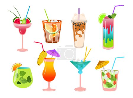 Illustration for Set of summer tropical cocktails.Various isolated glasses for cocktails with drinks on a white background. Vector illustration. - Royalty Free Image