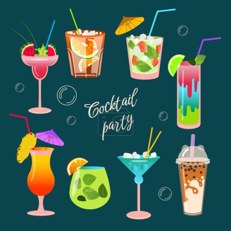 Illustration for Trendy set of summer cocktails. Refreshing drinks with ice cubes, berries, fruits. Popular cocktails for menu design, posters, brochures for cafes, bars. - Royalty Free Image