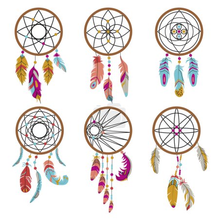 Illustration for Dream catcher and feather isolated on white background. Set of colorful vector illustrations. American Indian dream catcher. - Royalty Free Image