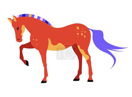 Vektorillustration eines stehenden Pferdes auf weißem Hintergrund. Farbige flache Darstellung eines Pferdes in voller Länge.