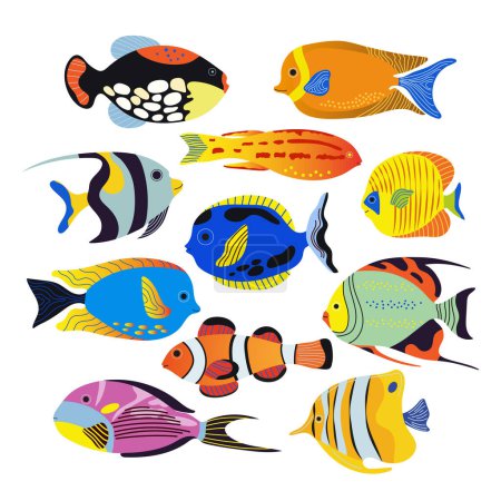 Ilustración de Colección de diferentes peces marinos aislados sobre fondo blanco. Ilustración vectorial - Imagen libre de derechos