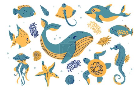 Ilustración de Animales marinos de dibujos animados. Habitantes del mundo del mar, criaturas submarinas lindas, divertidas delfines, caballitos de mar, ballenas, tortugas, medusas.. - Imagen libre de derechos