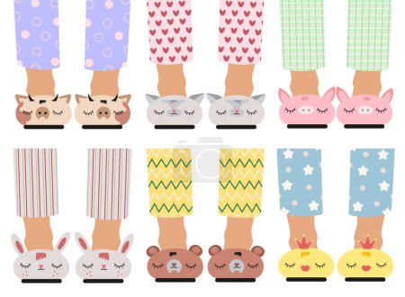 Illustration for Feet of a child in slippers in the shape of a funny bull. Baby feet wear cute shoes and pajama pants isolated on white background. Flat vector illustration - Royalty Free Image