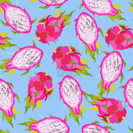 Illustration for Seamless pattern with dragon fruit on a pale blue background. Hand drawn vector illustration for summer romantic cover. Trendy print for textiles and wallpapers. - Royalty Free Image