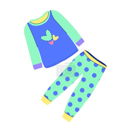 Téléchargez les illustrations : Joli pyjama pour filles. Vêtements de nuit textiles pour enfants. Illustration vectorielle en couleur isolée sur fond blanc. - en licence libre de droit
