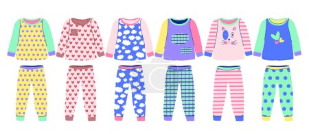 Téléchargez les illustrations : Ensemble de pyjamas pour fille. Vêtements de nuit textiles pour enfants. Illustration vectorielle de couleur isolée sur fond blanc. - en licence libre de droit