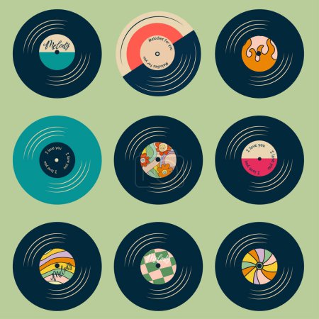 Illustration for Set of vinyl records on a green background. Flat vector retro illustration. - Royalty Free Image
