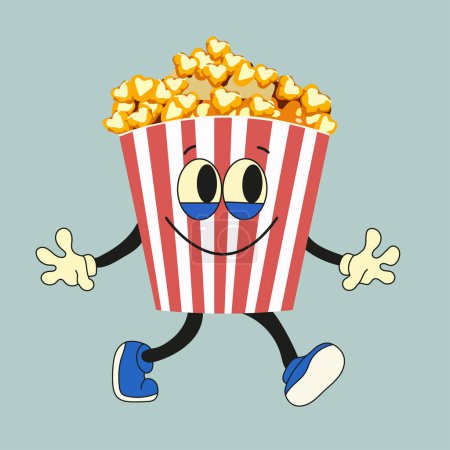 Illustration for Cartoon funny popcorn character. Vector popcorn bucket with cute smiling face, arms, legs. Fast food for cinema, funny character with positive emotions. - Royalty Free Image