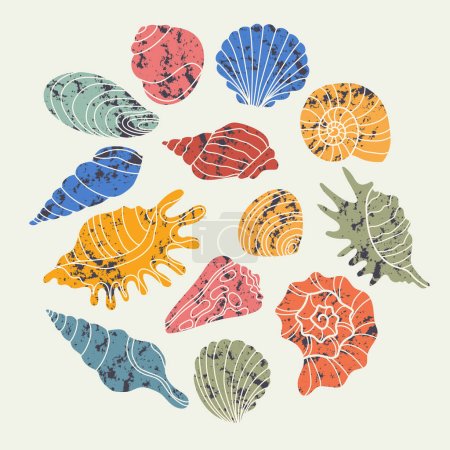 Ilustración de Vector de conchas marinas. Colección de conchas marinas dibujadas a mano. Ilustración del marisco marino. Conchas marinas coloridas aisladas sobre un fondo claro. - Imagen libre de derechos