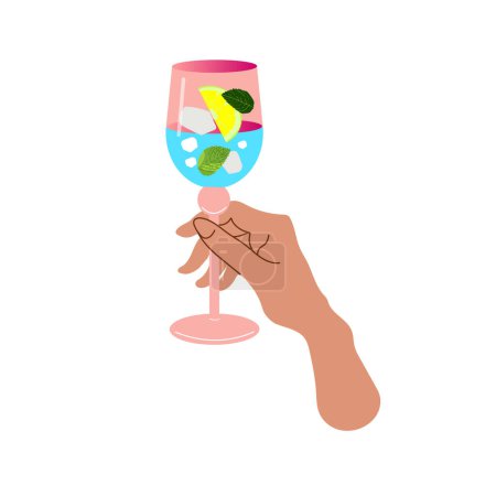 Illustration for Hand holds a glass with a refreshing summer cocktail. Summer aperitif, alcoholic drink. Vector illustration isolated on white background. - Royalty Free Image