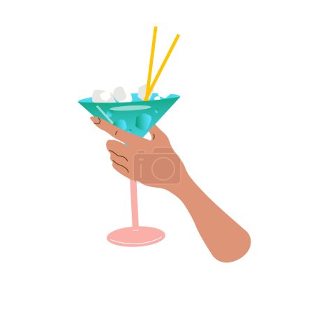 Téléchargez les illustrations : Hand tient un verre avec un cocktail d'été rafraîchissant. Apéritif d'été, boisson alcoolisée. Illustration vectorielle isolée sur fond blanc. - en licence libre de droit