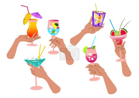 Téléchargez les illustrations : Hand tient un verre avec une boisson rafraîchissante. Ensemble de verres différents avec des cocktails tendance d'été. Apéritif d'été, boisson alcoolisée. Illustration vectorielle isolée sur fond blanc. - en licence libre de droit