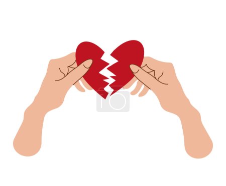 Ilustración de Corazón rojo roto en las manos. El concepto de reconciliación, restauración del amor. Ilustración vectorial, hermosa impresión para postal y camiseta - Imagen libre de derechos