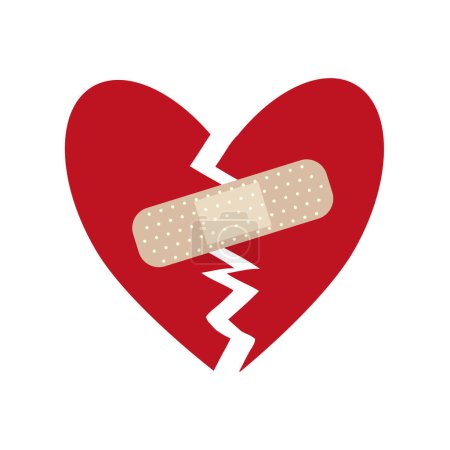 Gebrochenes Herz mit einem Pflaster auf dem Riss. Reparatur und Wiederherstellung eines gebrochenen Herzens mit einem Pflaster, Therapie mit Liebe. Vektor-Illustration, schöner Druck für Postkarte und T-Shirt