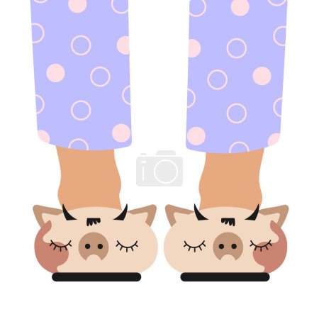 Illustration for Feet of a child in slippers in the shape of a funny bull. Baby feet wear cute shoes and pajama pants isolated on white background. Flat vector illustration - Royalty Free Image