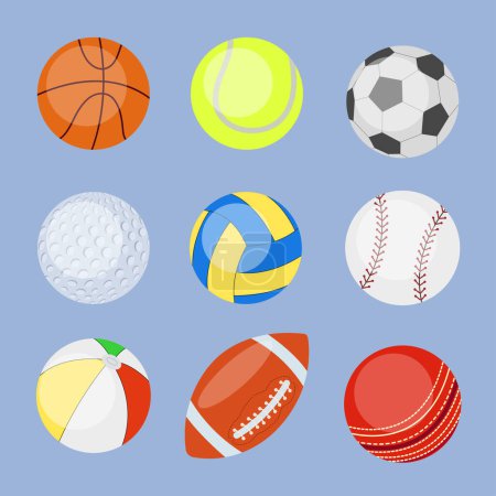 Illustration for Collection of round and oval balls for sports events. Vector illustration. Set of various equipment for sports games isolated on a blue background. - Royalty Free Image